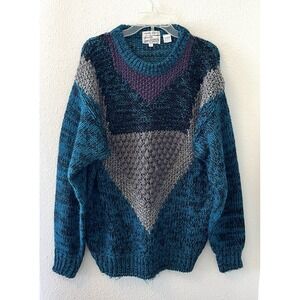 Vtg 80's Sears Roebuck Sweater Large Hand Knit Colorful Chunky Grandpa Geometric